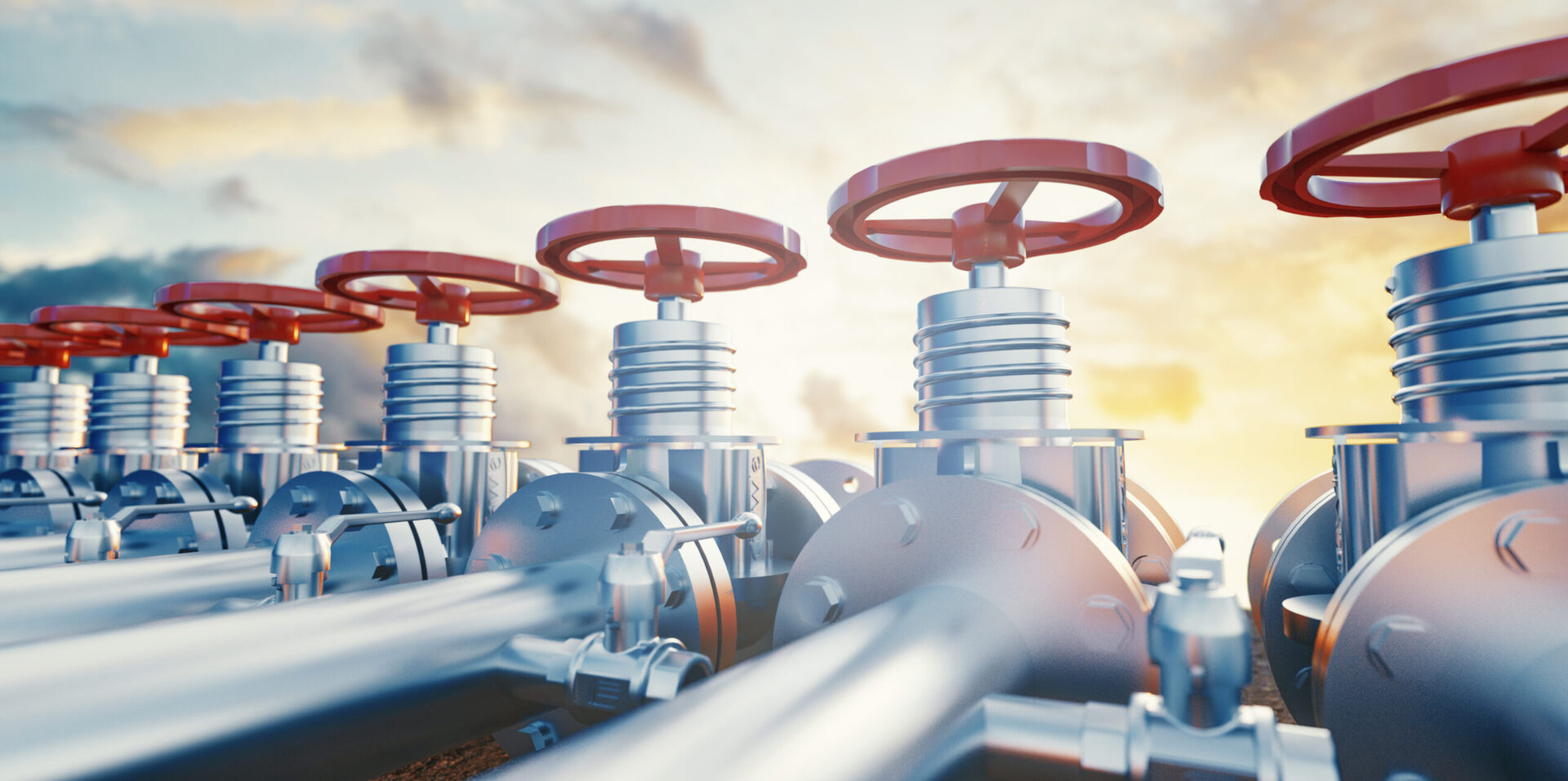 Oil or gas pipe line valves. Oil and gas extraction, production and transportation industrial background. 3d rendering illustration
