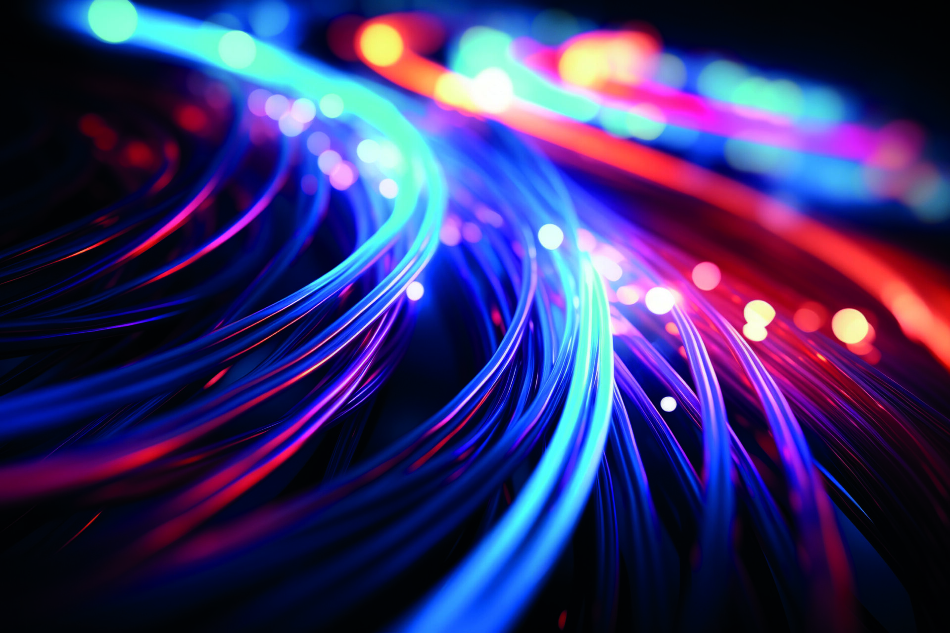 Colorful optic fiber electrical cables wires neon waves lines abstract background pattern glow colored streams information optical connection internet web multicolor rainbow blue data led technology 3d ai design. High quality background.